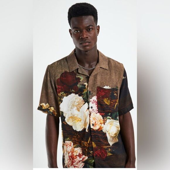 NWT New Order Men’s Tan Floral Roses Short Sleeve Button Down Shirt - Size XL - Picture 7 of 12